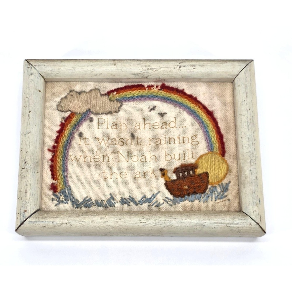 Vintage 1970s Noahs Ark Rainbow Embroidery Framed Needlework Wall Hanging Art